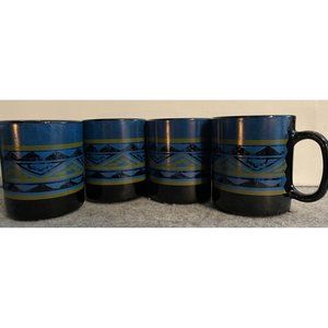 Set of 4 Vintage Arcoroc Blue/Black Aztec Design Coffee Cups From France  # 1715
